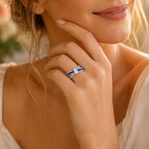 1 Ct Blue Sapphire Crystal Promise Engagement Ring September Birthstone Cubic Zirconia Ring for Women White Gold Plated