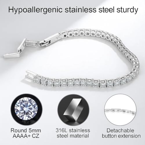Stainless Steel Adjustable CZ Tennis Bracelet for Women Men | 14K Gold Plated, Round 3mm/4mm/5mm AAAA+ Cubic Zirconia, Dainty Classic, Festival Wedding Jewelry Gift - color: Steel, size: CZ 5mm