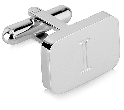 18K White-Gold Plated Initial Engraved Stainless Steel Men’s Cufflinks With Gift Box -Personalized Alphabet Letter’s A-Z By Lux & Pair - style: I- White Gold