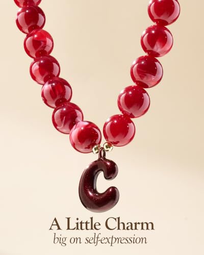 DoDoBeads Chunky Colorful Beaded Initial Necklace, Bubble Letter Choker | Gift box and dust pouch included; waterproof and sweat-resistant with real gold plated stainless steel hardware - color: BlackCherry-C