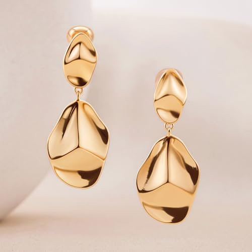 FAN&LOUIS Gold Silver Clip On Dangle Earrings Women,14K Gold Teardrop Statement Dangle Earrings Clips Lightweight Hammered Drop Dangle Clip-on Earrings for Women - style: Gold