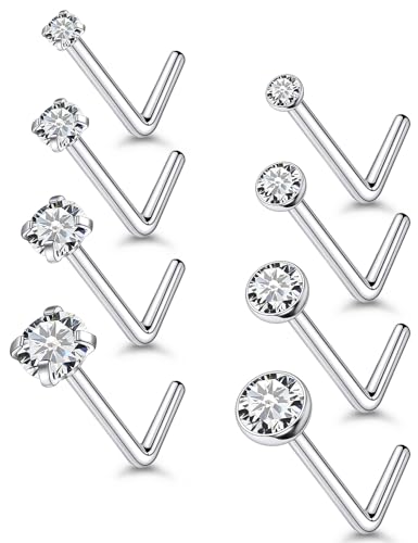 18G 20G 22G Titanium Stainless Surgical Steel Nose Rings Studs for Women L Shaped Nose Studs Screw Nose Ring Piercing Jewelry for Women Men Diamond CZ 1.5mm 2mm 2.5mm 3mm Silver Black Gold - style: 18g/Clear CZ/L-shaped/Silver