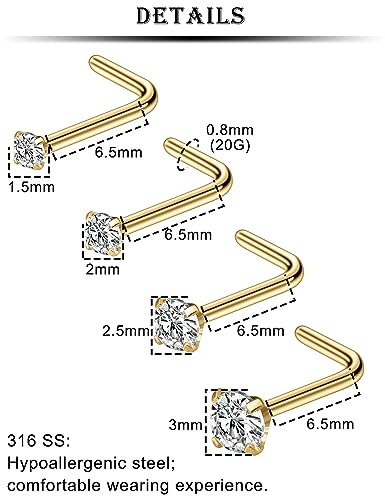 18G 20G 22G L Shaped Nose Rings Stud with Cubic Zirconia Hypoallergenic 316L Surgical Grade Stainless Steel Nose Nostril Rings Body Piercing Jewelry for Women Men CZ Size 1.5mm 2mm 2.5mm 3mm - color: 20G Gold CZ 1.5mm-3mm