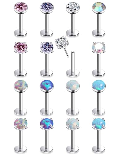 16G 18G 20G Threadless Flat Back Nose Ring Studs Earrings 316L Surgical Steel Tragus Helix Cartilage Earrings Medusa Labret Lip Rings Piercing Jewelry For Women Men Opal CZ 2mm 3mm - style: 16G-8MM Length-Top 3mm
