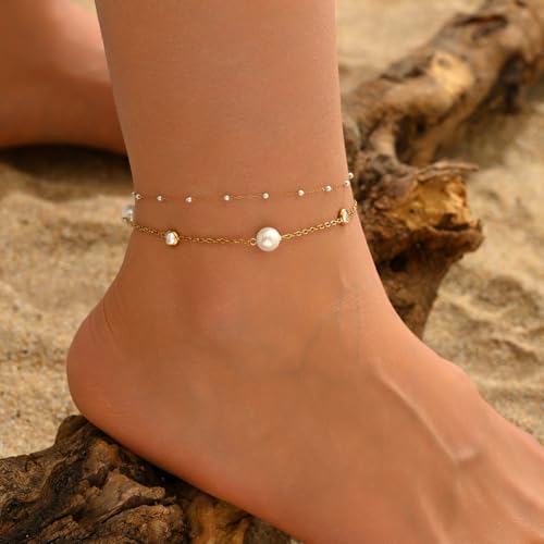 NONAMOIS 18K Gold Plated Diamond Ankle Bracelets for Women Waterproof Gold CZ Pearl Bow Link Chain Anklets Non Tarnish Summer Beach Foot Jewelry Gifts - color: Layered CZ &Pearl-Gold