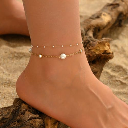 NONAMOIS 18K Gold Plated Diamond Ankle Bracelets for Women Waterproof Gold CZ Pearl Bow Link Chain Anklets Non Tarnish Summer Beach Foot Jewelry Gifts - color: Layered CZ &Pearl-Gold