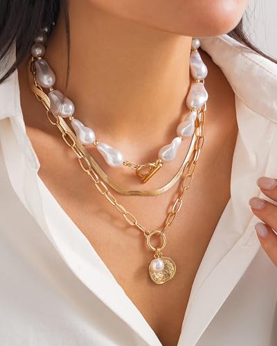 Gold Layered Necklaces for Women Chunky Layered Gold Necklaces Stacked Paperclip Chain Pearl Necklace Herringbone Toggle Clasp Choker Trendy Statement Jewelry Gifts - color: A7:chunky gold necklaces
