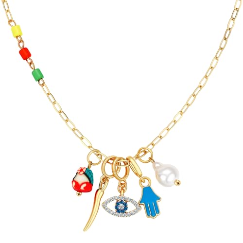Charm Necklace for Women Gold Evil Eye Sun Moon Flower Coin Pendant Necklace Dainty Paperclip Chain Vintage Luck Amulet Choker Necklaces Celestial Jewelry Gift - style: 5 Charms-Tiny Eye
