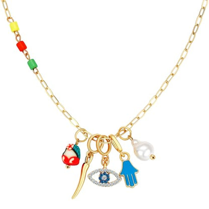 Charm Necklace for Women Gold Evil Eye Sun Moon Flower Coin Pendant Necklace Dainty Paperclip Chain Vintage Luck Amulet Choker Necklaces Celestial Jewelry Gift - style: 5 Charms-Tiny Eye