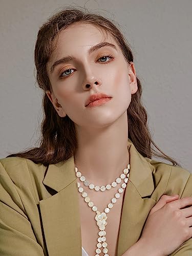 Firstmeet Flat Round Coin Shell Beads Long Knotted Necklace Natural Mother of Pearl Handmade Jewelry For Women - color: Freshwater Shell