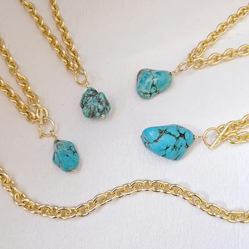 Zeffy 14K Gold/Silver Plated Chunky Thick Chain Toggle Clasp Necklace Dainty Baroque Pearl/Heart/Cross/Turquoise Pendant Necklace - color: Gold Turquoise Necklace