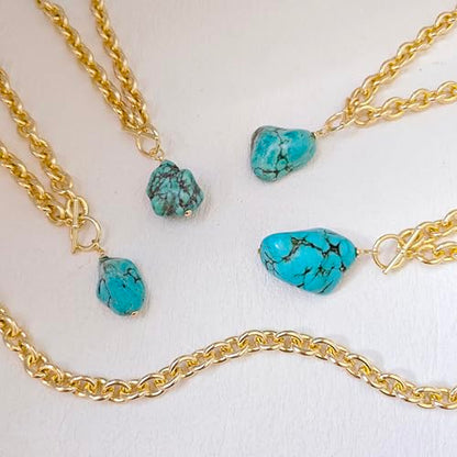 Zeffy 14K Gold/Silver Plated Chunky Thick Chain Toggle Clasp Necklace Dainty Baroque Pearl/Heart/Cross/Turquoise Pendant Necklace - color: Gold Turquoise Necklace