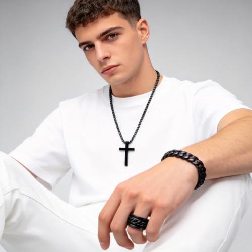 3-Piece Cross Pendant Necklaces Bracelets Rings Jewelry Sets for Men Women,Cuban Chain Bangle,Adjustable Box Link,Religious Charm,Fashion Jewelry Accessories for Party Birthday Gifts - color: Black