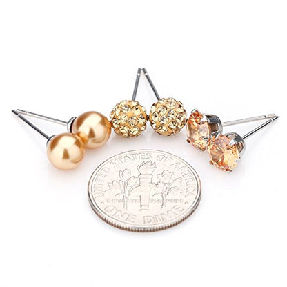 JewelrieShop Birthstone Studs Earring Set Cubic Zirconia Rhinestones Crystal Ball Faux Pearl Stainless Steel Stud Earrings for Women Jewelry Gift (6mm Round,3 Pairs) - color: 6) June. - Champagne
