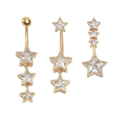 3Pcs 14G Stainless Steel Dangle Belly Button Rings Cubic Zirconia Heart Star Round Belly Navel Barbell Rings Belly Piercing Jewelry for Women - style: Gold Star