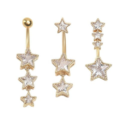 3Pcs 14G Stainless Steel Dangle Belly Button Rings Cubic Zirconia Heart Star Round Belly Navel Barbell Rings Belly Piercing Jewelry for Women - style: Gold Star