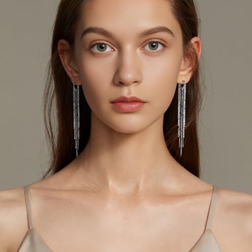 ASOQOLA Long Tassel Dangle Drop Earrings for Woman Tassel Dangling Earrings 925 Silver Chandelie dangling earring for Prom Fashion Jewelry - color: B Silver
