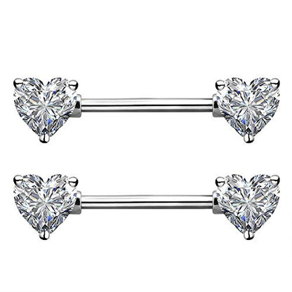 OUFER 2PCS 14G Surgical Steel Nipple Rings Barbell Heart CZ Nipple Rings Piercing for Women nippleshield Piercing Body Piercing - color: Silver