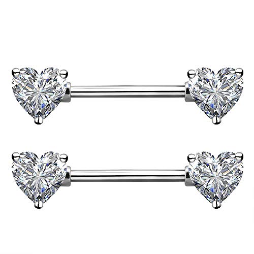 OUFER 2PCS 14G Surgical Steel Nipple Rings Barbell Heart CZ Nipple Rings Piercing for Women nippleshield Piercing Body Piercing - color: Silver