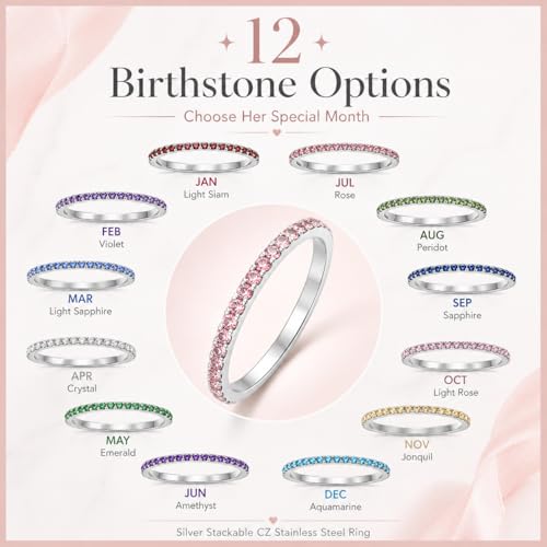 Birthstone Rings For Women, Silver Stackable Cubic Zirconia Stainless Steel Birth Stone Ring To My Daughter/Mom Birthday Unique Gifts Jewelry - color: 02-Silver-February