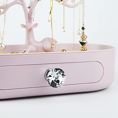 MORE&LESS Antlers Jewelry Display Stand with Drawer and Crystal Handle, Tree Tower Rack Hanging Organizer for Ring Earrings Necklace Bracelet - color: C Light Pink-Drawer-Crystal Handle