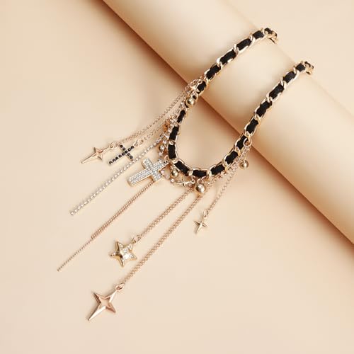 PLOUTOS Statement Layered Choker Necklace for Women Black Woven Chain With Charms And Dangles Plus-Shape Star Spike And Bar Pendants Adjustable Punk Y2K Style - color: Gold