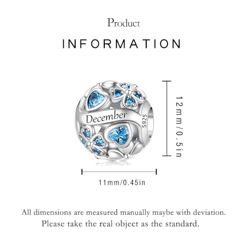925 Sterling Silver Lucky Clover Birthstone Charms for Bracelets Dangle Pendant with 5A Cubic Zirconia Compatible Pandora Bracelets, Ladies Birthday Gift - style: 12-December