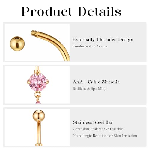5pcs Gold Plated Pink Dangle Belly Button Rings, Clear CZ Belly Button Jewelry, Butterfly Bow Flower Cute Belly Button Rings for Women, Stainless Steel Dainty Dangly Dangling Belly Button Piercing
