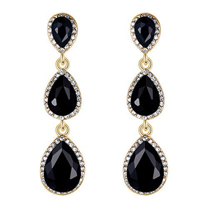 EleQueen Women's Crystal Teardrop Pear Shape 2.5 Inch Long Earrings | Dangle Earrings for Women, TearDrop Crystals Earrings for Bride Bridesmaid, Prom Jewelry for Wedding - color: Gold-Tone Black