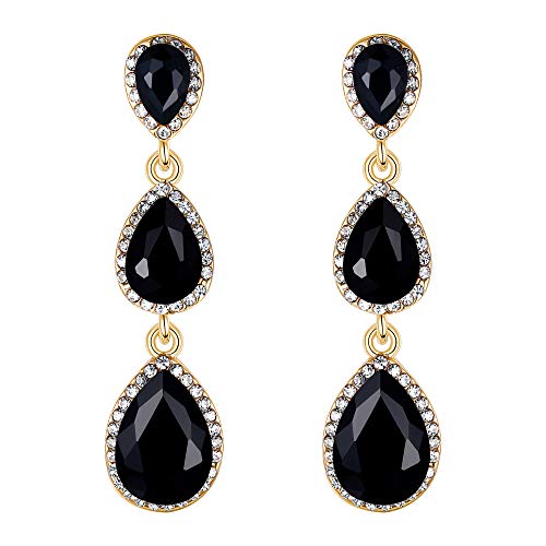 EleQueen Women's Crystal Teardrop Pear Shape 2.5 Inch Long Earrings | Dangle Earrings for Women, TearDrop Crystals Earrings for Bride Bridesmaid, Prom Jewelry for Wedding - color: Gold-Tone Black