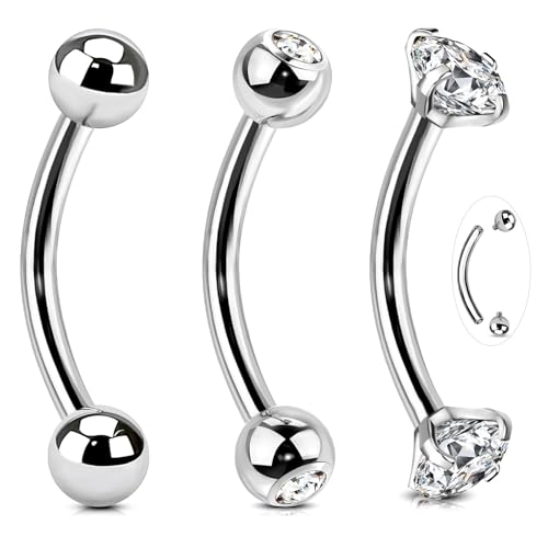 14G Surgical Steel Body Jewelry Belly Button Ring Gold Curved Navel Barbell | 14G Navel Rings Silver Snake Eyes Piercings for Tongue Conch Eyebrow Rings - color: Silver;BL:12mm