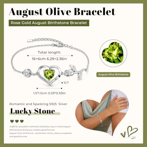 1CT Rose Heart Birthstone Bracelet for Women Love Gift - style: Aug Olive Silver