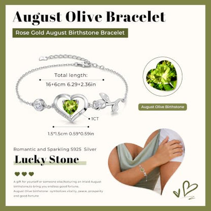 1CT Rose Heart Birthstone Bracelet for Women Love Gift - style: Aug Olive Silver