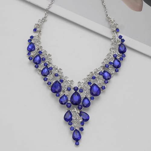 Bridal Bridesmaid Austrian Crystal Jewelry Set, Floarl rhinestone Statement Neckace Teardrop Necklace Drop Dangle Earrings Set - color: Royal Blue -Silver Tone