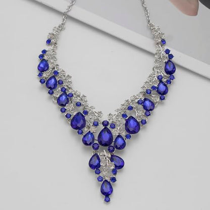 Bridal Bridesmaid Austrian Crystal Jewelry Set, Floarl rhinestone Statement Neckace Teardrop Necklace Drop Dangle Earrings Set - color: Royal Blue -Silver Tone