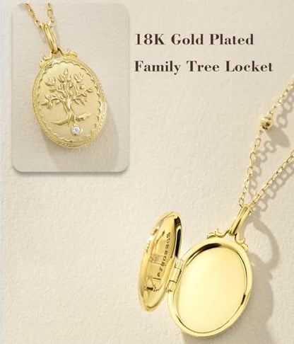 YOUFENG Love Heart Locket 14K Gold-Filled Oval Circle Rectangle Lockets that Hold Pictures Floral Patterns Necklace for Women - style: Family Tree