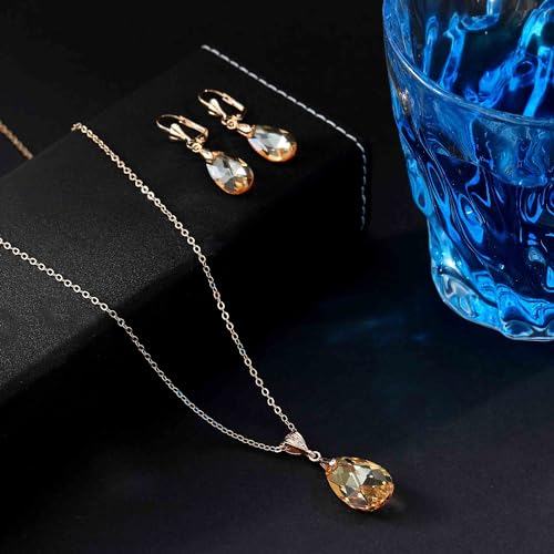 Austrian Crystals Teardrop Pendant Necklace Earrings for Women 14K Gold Plated Hypoallergenic Leverback Drop Dangle Earrings Jewelry Set - color: Light Topaz