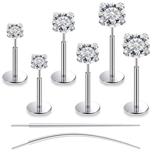 F136 Titanium 20/18/16G Earrings Nose Lip Rings Medusa Tragus Cartilage Helix Labret Flat Back Threadless Implant Grade Stud Piercing Jewelry for Women - color: White CZ, size: 20g*6/7/8mm*2/3/4mm