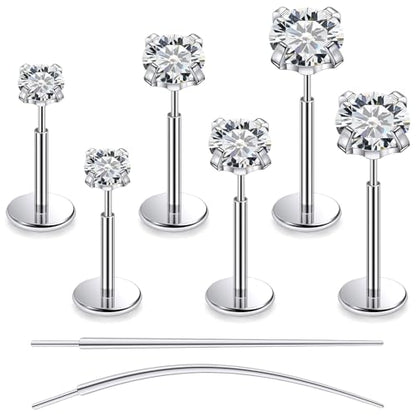 F136 Titanium 20/18/16G Earrings Nose Lip Rings Medusa Tragus Cartilage Helix Labret Flat Back Threadless Implant Grade Stud Piercing Jewelry for Women - color: White CZ, size: 20g*6/7/8mm*2/3/4mm