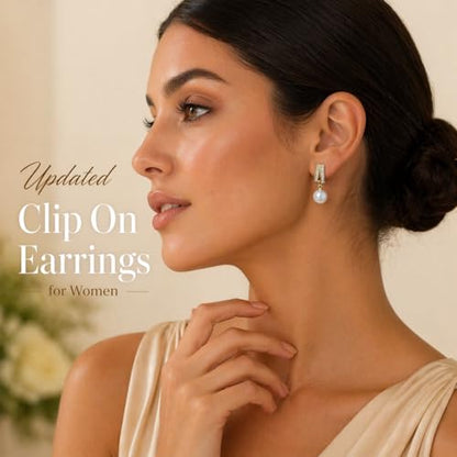 Pearl Clip on Earrings for Women - 14K Gold Silver Plated Cubic Zirconia Non Pierced Ear Clips Jewelry Gifts for Wedding Bridal Party Gifts - color: Gold-2 lines CZ