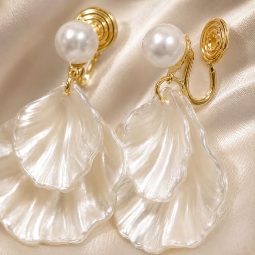 Pearl Shell Earrings for Women Clip on Pearl Earrings Summer Beach Jewelry Tropical Vacation Outfits Accessories - color: A1: white shell clip on earrings