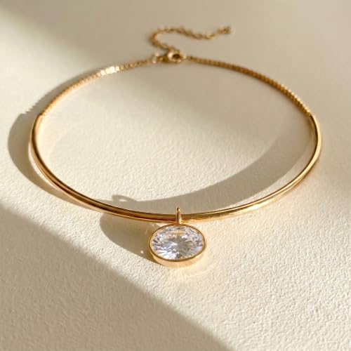 Gold Choker Necklace Dainty 14K Gold Plated Collar Necklace with Cubic Zircon Pendant Necklaces Fashion Minimalist Summer Crystal Collar Necklaces Boho Jewelry - style: CZ Oval Shape