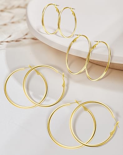 4 Pairs Gold Sliver Hoop Earrings For Women, Hypoallergenic Surgic Steel | 14K Gold Plated Stainless Steel, 30/40/50/60mm, Small Medium Large Size, Thin, Lightweight - color: 4 Pairs Gold-30/40/50/60mm