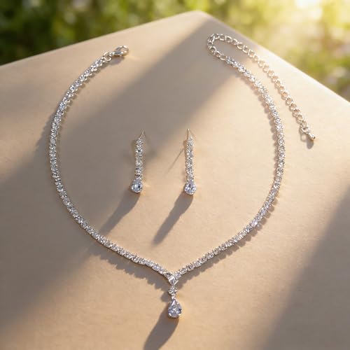 Women's Fashion Jewelry Rhinestone Zircon Necklace and Earring Set Formal Ball Gown Accessories Silver Floral Pendant Bridal Wedding Jewelry Suitable for Weddings, Balls, Banquets, and All Special Occasions - style: GST005