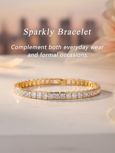 5A Cubic Zirconia Tennis Bracelet for Women, Rhodium/Yellow Gold Plated Hypoallergenic, Birthday Wedding Anniversary Jewelry - color: Princess Cut - Yellow Gold