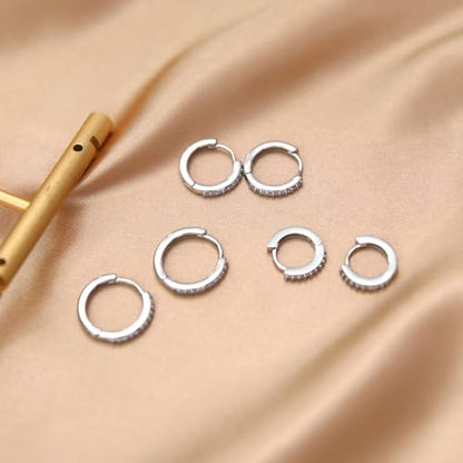Stainless Steel Stud Earrings Set for Women Hypoallergenic Flat Back Cartilage Earrings Screw Back Huggie Hoop Earrings Multiple Piercing Cubic Zirconia Helix Tragus Jewelry - color: Set-E-Silver