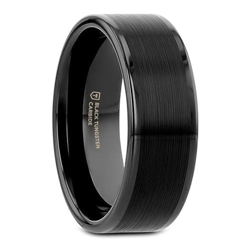 Thorsten Vulcan Black Tungsten Carbide Men’s Wedding Ring – Flat Matte Brushed Finish with Polished Edges – Comfort Fit Wedding Band – Durable and Stylish Ring for Him | Flat Black, Matte Brushed Finish, Polished Edges, Comfort Fit, Custom Engraved