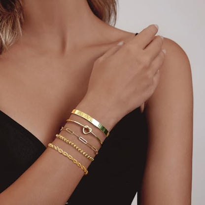 HERIER Gold Bracelets for Women 18k Gold Plated Bracelet Stack Bangle Cuff Bracelet Set for Women Non Tarnish Beaded/Paperclip/Cuban Link Chain Bracelets Jewelry for Women Trendy - style: Bangle Rope5-Gold