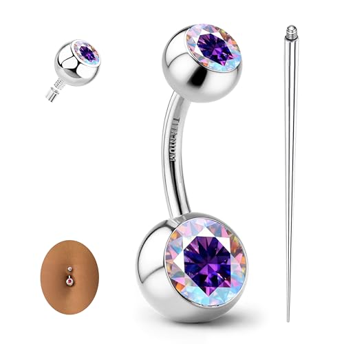GEMQUEEN Moissanite ＆ G23 TItanium Belly Button Ring 18K Gold Plated Hypoallergenic Internally Threaded Belly Rings 14G Ball Navel Piercing Jewelry for Women Men D Color VVS1 Clarity Brilliant Cut - color: Titanium-Rainbow Moissanite Stone, size: 10mm Len