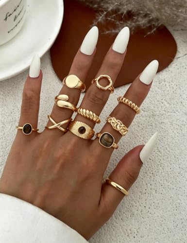 15 Pcs Chunky Gold Rings for Women Open Adjustable Pearl Rings Set | Stackable Statement Rings Pack,Shall Shell，Stacking Knuckles Rings Set, Trendy Stuff Jewelry Gift, Gold Baroque Pearl - color: Brown